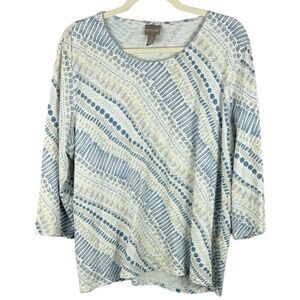 Chico's Cotton Casual Blue Cream Patterned Design Scoop Neck 3/4 Sleeve XL Top